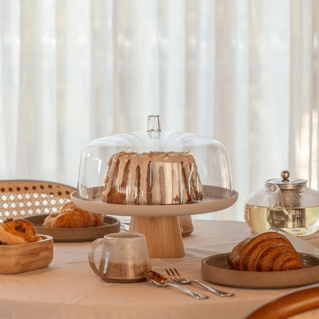 Prato para Bolo Boleira Lume Bege em Bambu com Tampa 27,5cm