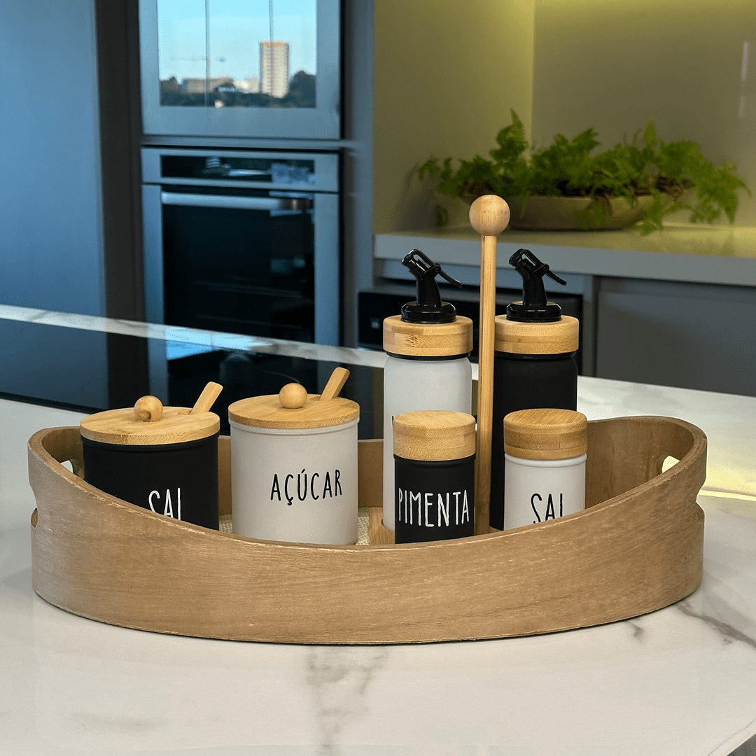 Galheteiro Branco e Preto Doha com Suporte de Bambu 5 Peças