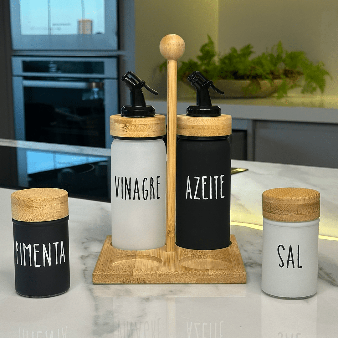 Galheteiro Branco e Preto Doha com Suporte de Bambu 5 Peças