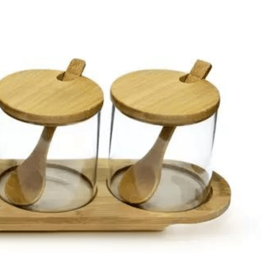 Jogo 3 Porta Condimentos com Suporte de Bambu e Colher 4 Peças