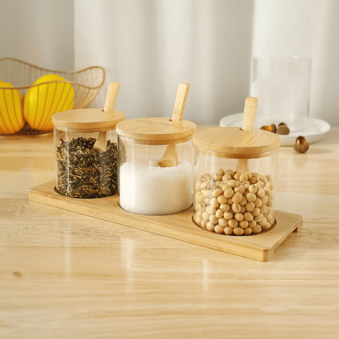 Jogo 3 Porta Condimentos com Suporte de Bambu e Colher 4 Peças