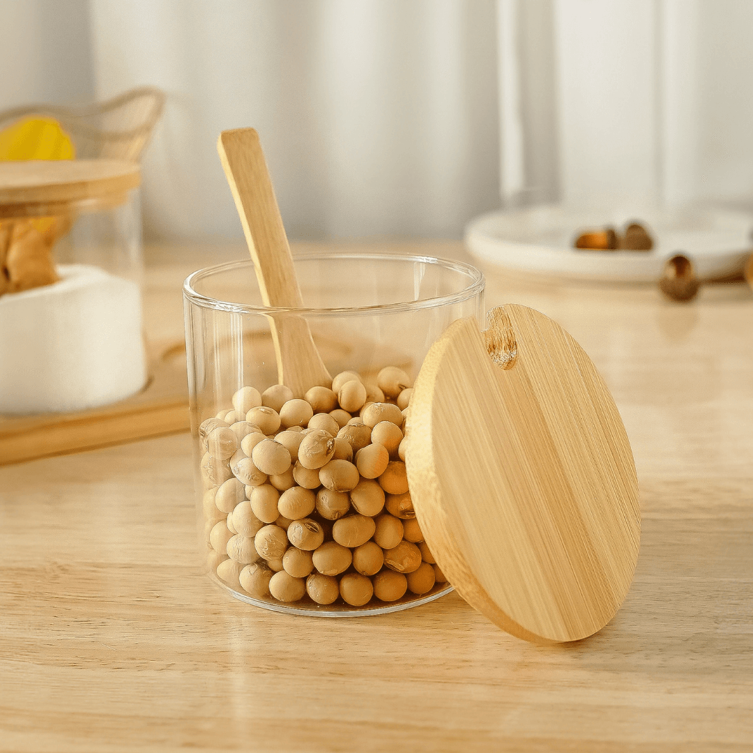 Jogo 3 Porta Condimentos com Suporte de Bambu e Colher 4 Peças